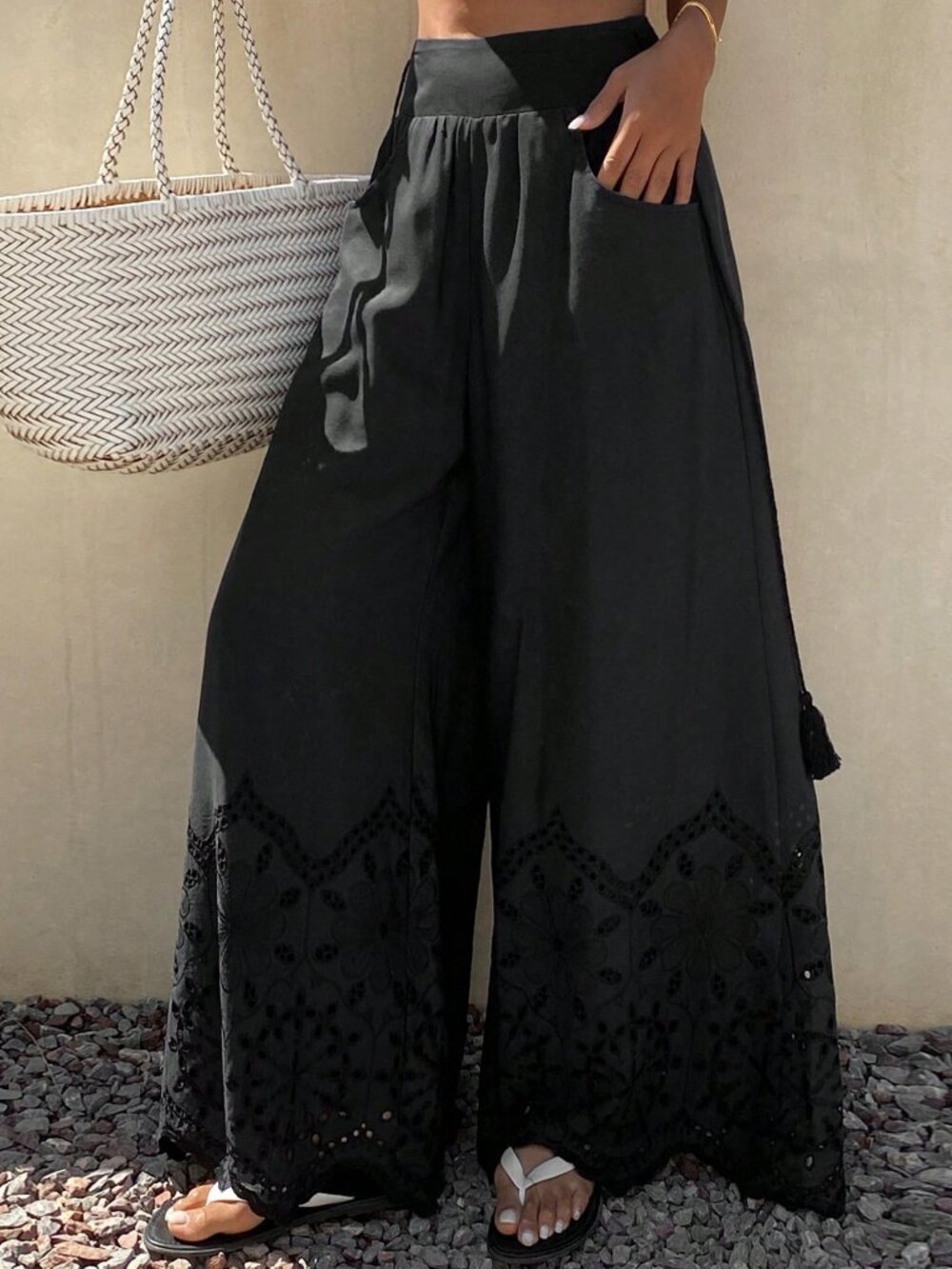 Black Boho Women's Lace Tie-Up Hollow Out Pants - Picture 4 of 7